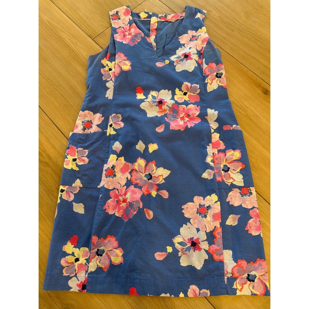 Joules Elayna Blue Floral Cotton‎ Linen Shift Dress Pockets V-Neck Size US 10